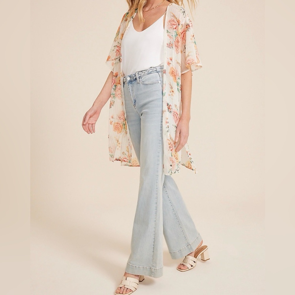 Maurice’s Pink, White & Orange Rose Kimono/Duster Xsmall - Picture 1 of 6